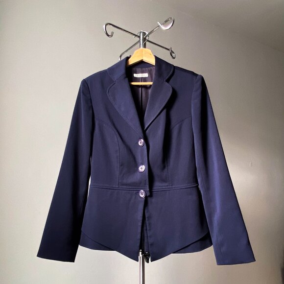 🍂 90s Vintage Navy Blue Minimalist Tailored Fitted Stretchy Blazer - Picture 1 of 7